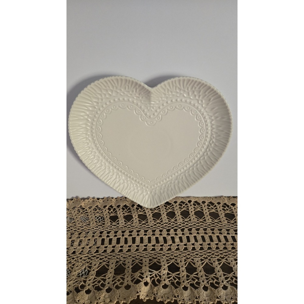 Crofton Heart Plate 13" Embossed Stoneware Tray White Cottagecore Farmhouse Deco